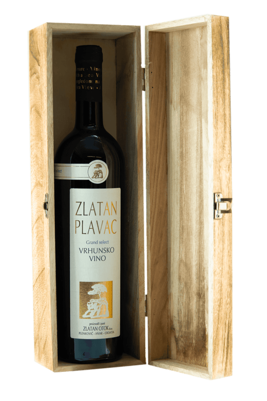 Zlatan Plavac Grand Select 0,75L Zlatan Otok Hvar Kroatien Bodega Dalmatia mit Holzkiste